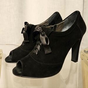 Black Suede Peep-Toe Booties